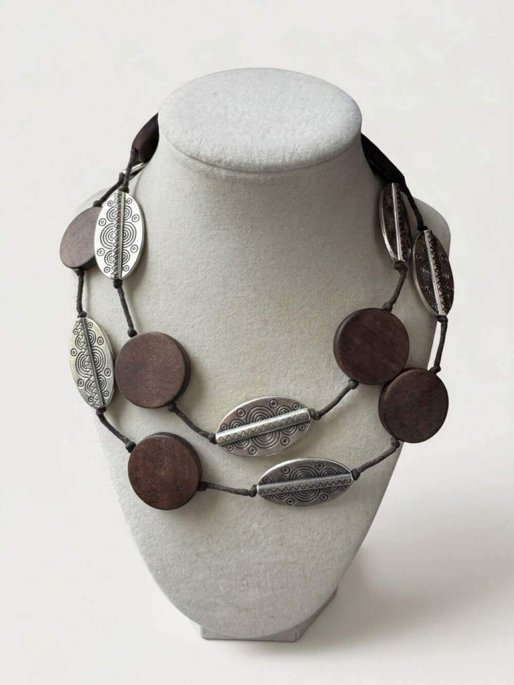 Extra Long Boho Tribal Wood Silver Tone Beaded Statement Necklace Layering 18”